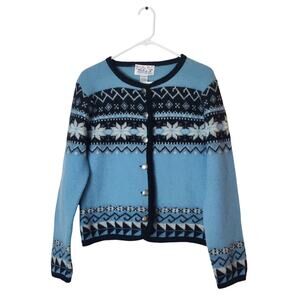 Vtg Tally Ho Wool Winter Fair Isle Thick Knit Cardigan Sweater Medium